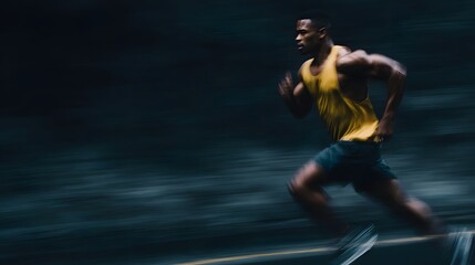 Obraz premium Muscular athlete sprints with powerful motion and focused determination against a blurred dark background emphasizing speed and effort