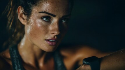 Determined female athlete with a focused expression covered in sweat checking her smartwatch during an intense workout session