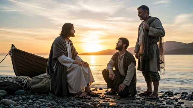 Jesus Christ Speaks to Disciples on Beach at Sunset - Jesus Christ, seated on a rocky beach at sunset, speaks to two men who kneel before him. A wooden boat and fishing net are visible nearby.