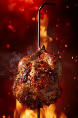 Whole roasted chicken on vertical spit with flames, smoke, and dramatic red background