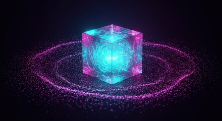 Abstract cube with glowing particles rotating around it in blue and purple light