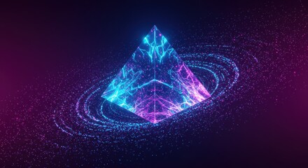 Abstract pyramid with glowing particles rotating around it in blue and purple