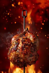 Whole roasted chicken on a spit with fire and smoke