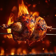 Grilled chicken on vertical rotisserie with flames and red backgroun