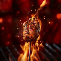 Barbecue style whole chicken roasting on skewer with smoky fire