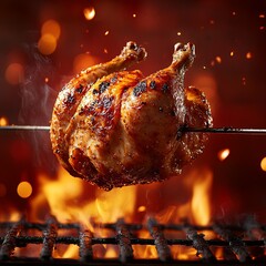 Barbecue style whole chicken roasting on skewer with smoky fire