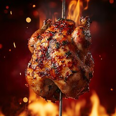 Grilled chicken on vertical rotisserie with flames and red backgroun