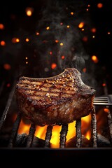 Juicy grilled steak over open flame with glowing embers and dramatic dark background.