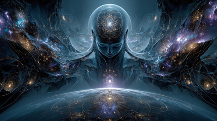 A mystical journey through the universe. The state of meditation Surreal 3D painting. Transpersonal art.