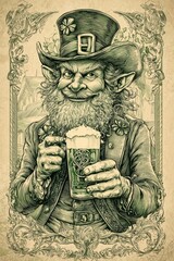 Vintage illustration of a happy leprechaun holding beer, engraved style with ornate details