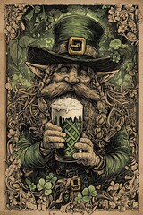 Vintage illustration of a happy leprechaun holding beer, engraved style with ornate details