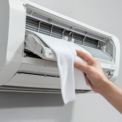 Cleaning rag inside wall-mounted air conditioner on plain background
