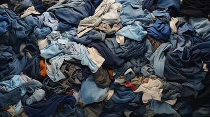 Top view of second-hand clothes pile, sustainable fashion and eco-friendly reuse concept