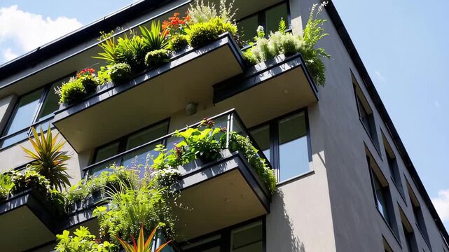 Green plants and flowers thrive on the balconies of a modern apartment building under a bright blue sky. This video highlights urban gardening, eco-friendly architecture, and stylish sustainable city 
