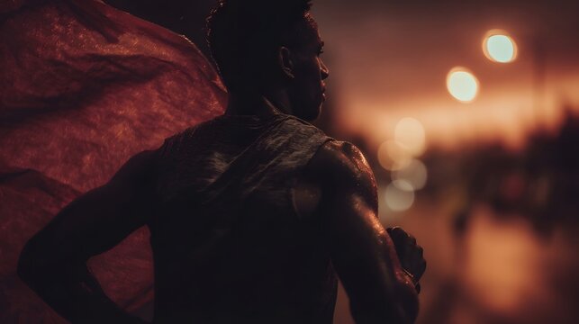 Determined athlete running at night draped in a vibrant red banner against a backdrop of blurred city lights