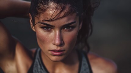 Focused and intense female athlete with sweat on her face demonstrating strength and determination during a vigorous workout