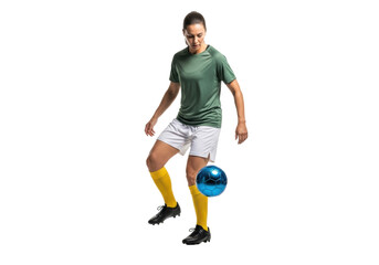 Seasoned female soccer player in green jersey & white shorts, dribbling iridescent blue soccer ball against transparent studio background with copy space, athletic discipline concept