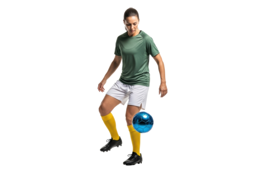 Seasoned female soccer player in green jersey & white shorts, dribbling iridescent blue soccer ball against transparent studio background with copy space, athletic discipline concept