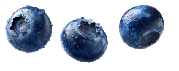 Three vibrant blueberries,?isolated on black background.?Each berry?shows a?slightly?depressed center?and?water droplets