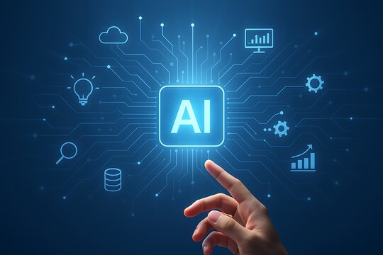 Innovative ai platform with hand reaching to glowing square surrounded by idea search database analytics gear chart icons representing solutions digital transformation technology blue background - Powered by Adobe
