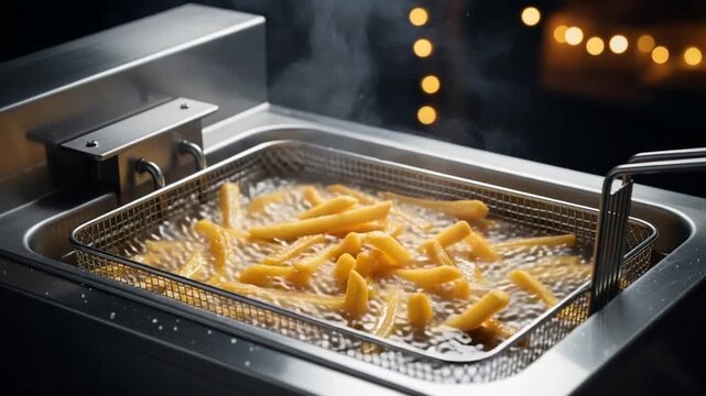 Golden French Fries Deep Frying in Stainless Steel Equipment with Bokeh Background Warm Interior Lighting