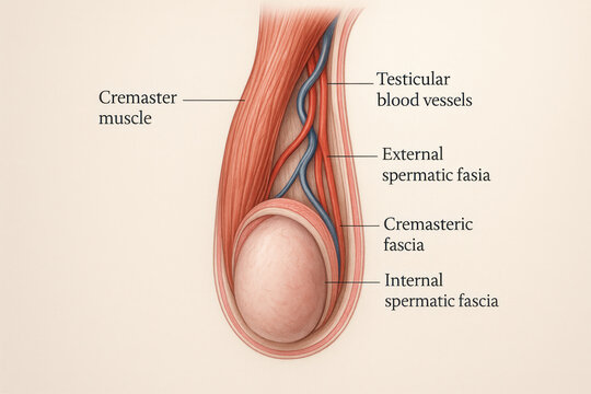 Male Anatomy: Testis Illustration with Cremaster Muscle and Fascia Details [Illustration]