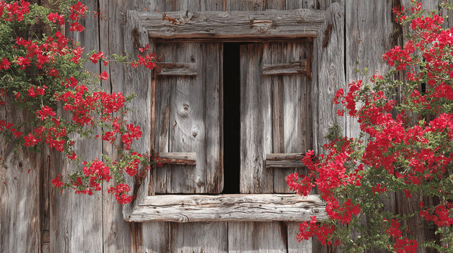 Rustic wooden window with red flowers - Powered by Adobe