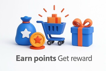 Earn points and get rewards with a shopping cart full of gifts a money bag and a golden coin