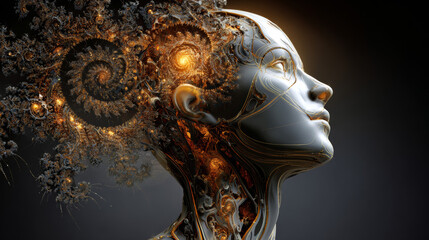 3D illustration. 3D rendering of human head model and fractal picture is suitable as background for human mind, artificial intelligence and virtual reality projects.