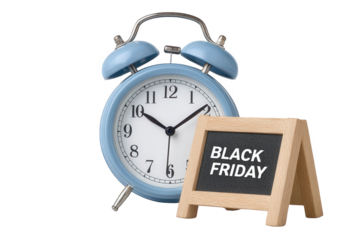 Blue alarm clock with black friday sign isolated on transparent background