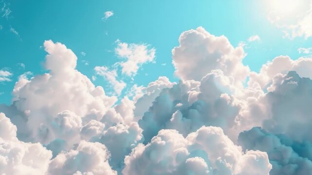 A plane soaring through fluffy white clouds against a blue sky