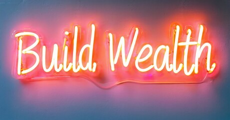 Bright neon sign displays text Build Wealth. Pink, orange hues illuminate wall behind glowing script. Simple, direct message.