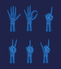 Skeleton hands Halloween set of gestures, x-ray view. Finger bones showing different gestures.