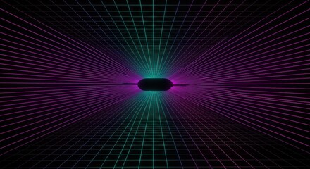 Abstract futuristic tunnel with glowing neon grid lines and dots background