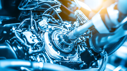 Close-up of a Complex Mechanical Engine with Intricate Components and Blue Tones