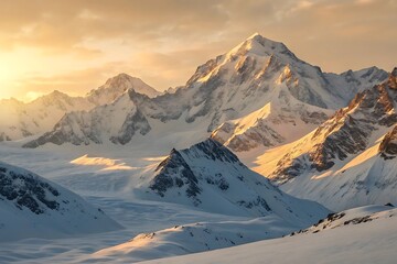 Majestic snow covered mountain peaks illuminated by golden sunrise light