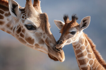 Obraz premium A tender moment between a mother and a baby giraffe, their necks intertwined, showing affection and love
