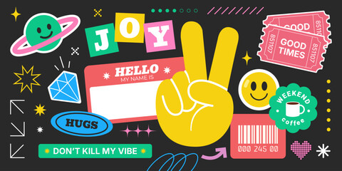 Colorful retro y2k stickers and funky patches with hello label, victory hand gesture, trendy tags, tickets, barcode, coffee cup icons and playful graphic elements in vibrant 90s inspired vector style