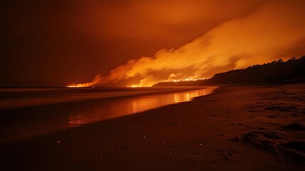 Night Beach with Fire and Smoke on the Horizon