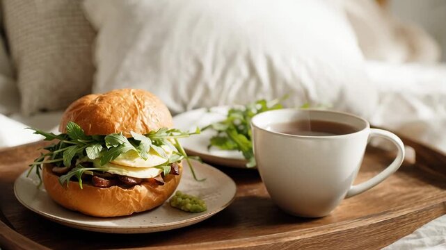 A delicious mega sandwich piled high with fresh greens, served alongside a warm cup of herbal tea. The inviting breakfast is presented on a wooden tray in a cozy bedroom