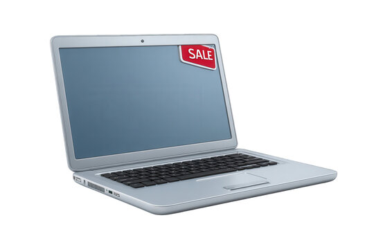 Laptop with a red sale tag isolated on transparent background - Powered by Adobe