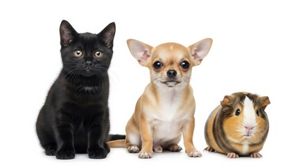 Obraz premium Cute pets sitting together in a studio setting with a black cat, Chihuahua, and guinea pig appearing friendly and playful