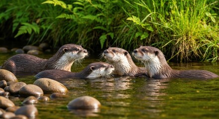 Group of playful otters enjoying a sunny day by the riverbank in a lush green habitat