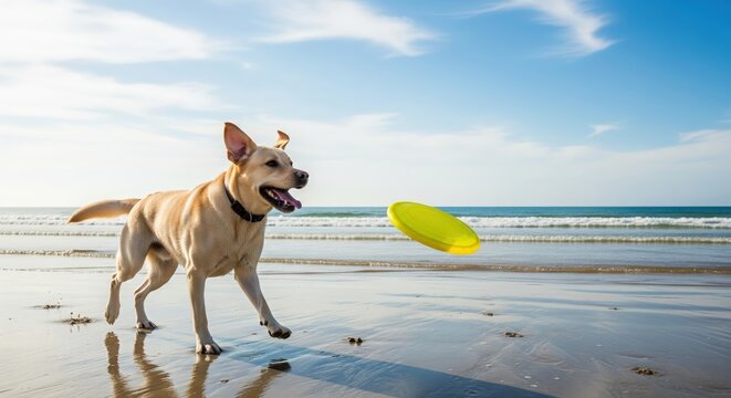 Happy dog playing fetch with a frisbee on a beach during sunny day