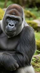 Obraz premium Large gorilla rests amidst lush green foliage in a tranquil natural habitat during daylight