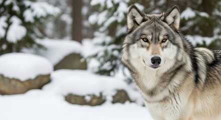 Obraz premium Majestic gray wolf stands in snow-covered forest during winter morning light