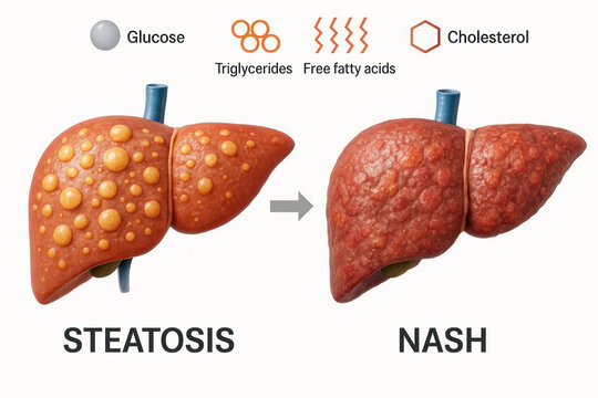 Liver Steatosis and NASH Progression Illustration, disease stages, fatty liver disease, liver health [Illustration]