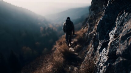 Fototapeta premium A solitary hiker with a backpack walks a narrow rugged mountain path at golden hour overlooking a vast misty valley under soft ethereal sunlight