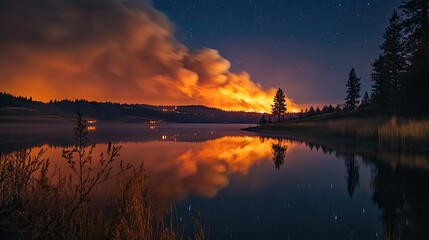 Nighttime Wildfire Illuminating Forest with Lake Reflection