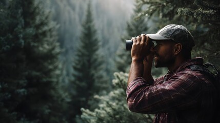 A man wearing a plaid shirt and cap uses binoculars to observe the vast misty forest landscape during an outdoor adventure